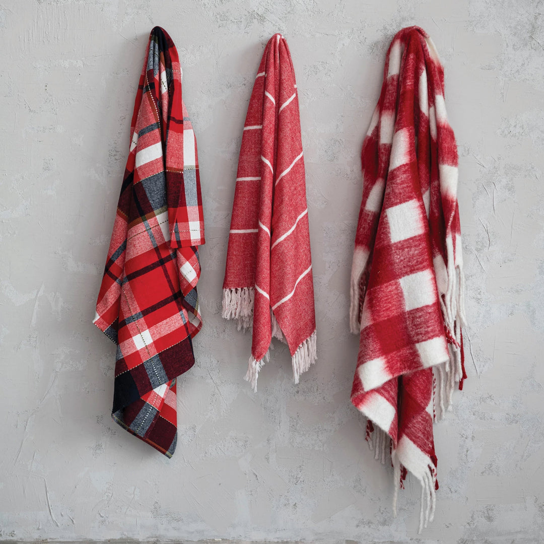Red & White Plaid Woven Acrylic Throw w/ Fringe