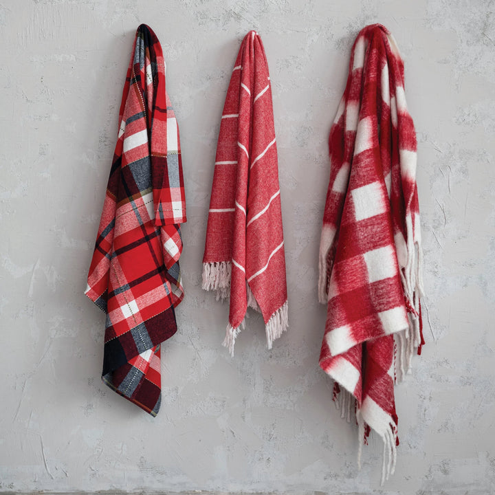 Red & White Plaid Woven Acrylic Throw w/ Fringe