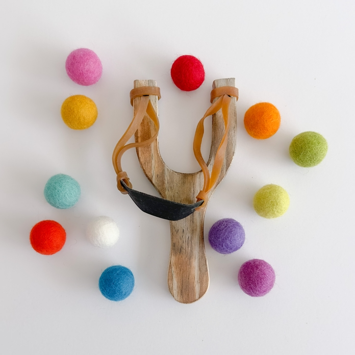 Wood Slingshot with 12 Felt Balls: Brights Assortment
