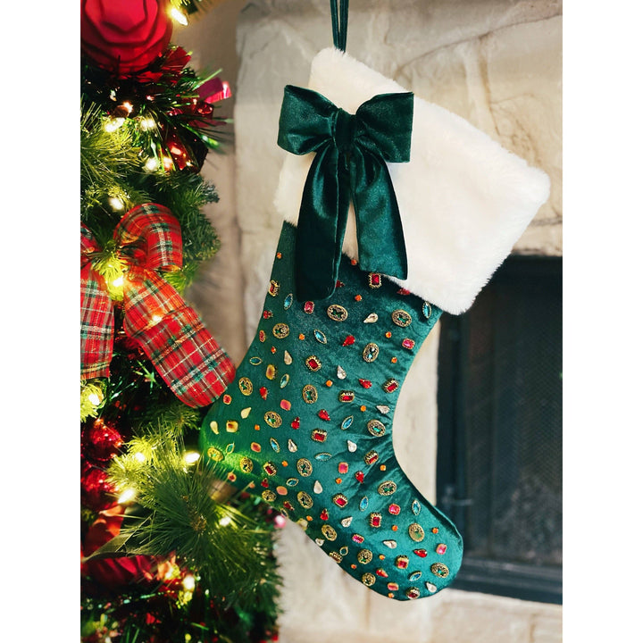 Dark Green Velvet Christmas Stocking with Bow