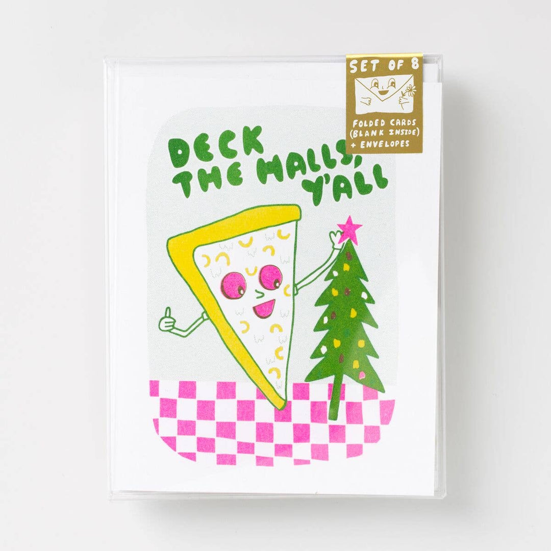 Set of 8 - Deck The Halls Pizza Risograph Card