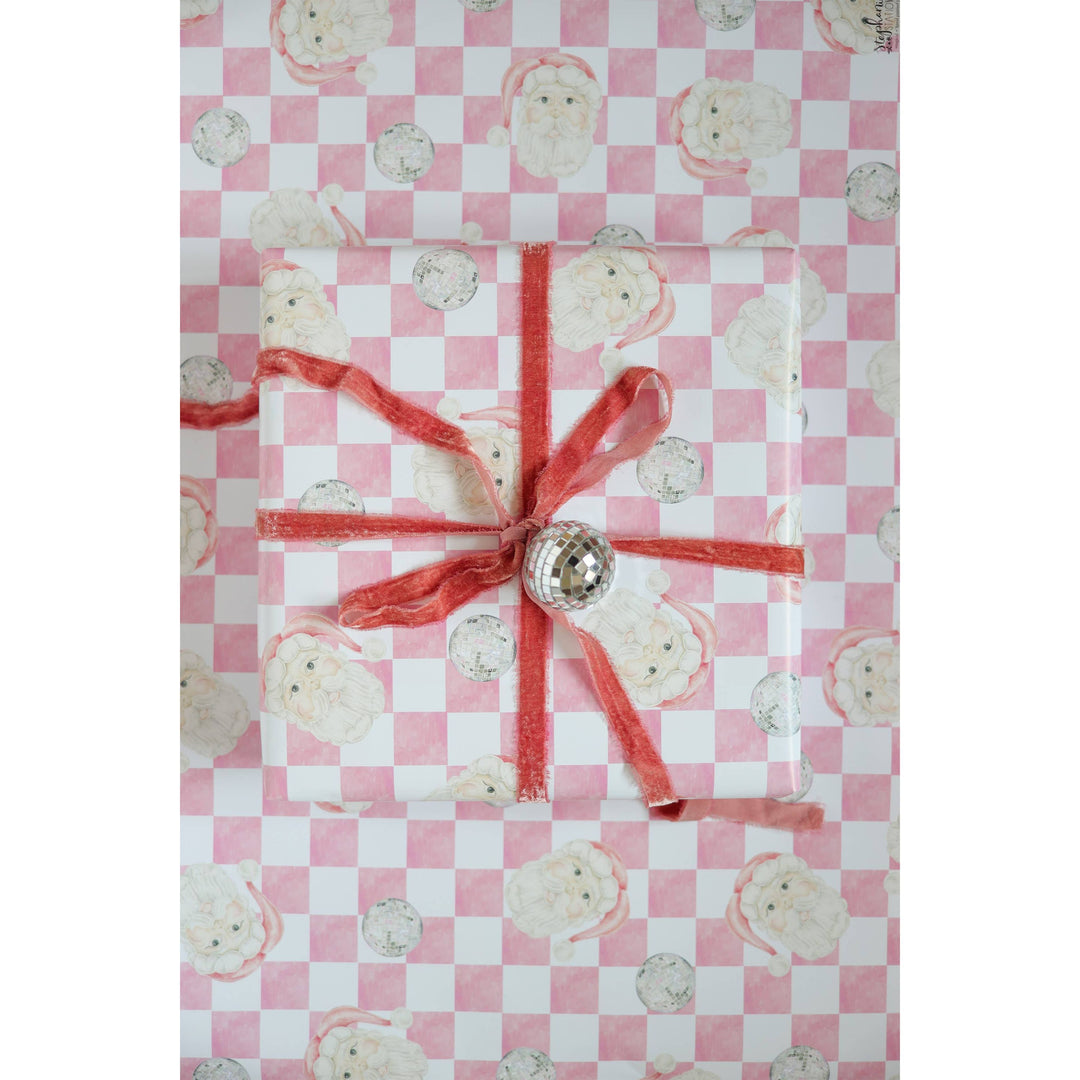 Disco Santa Claus Pink Checker Print Gift Wrap