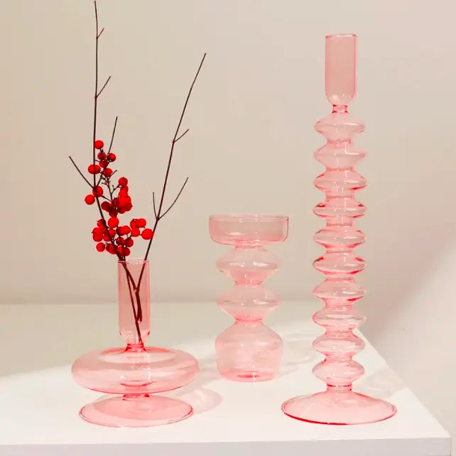 Pink Circle Glass Candlestick Holder