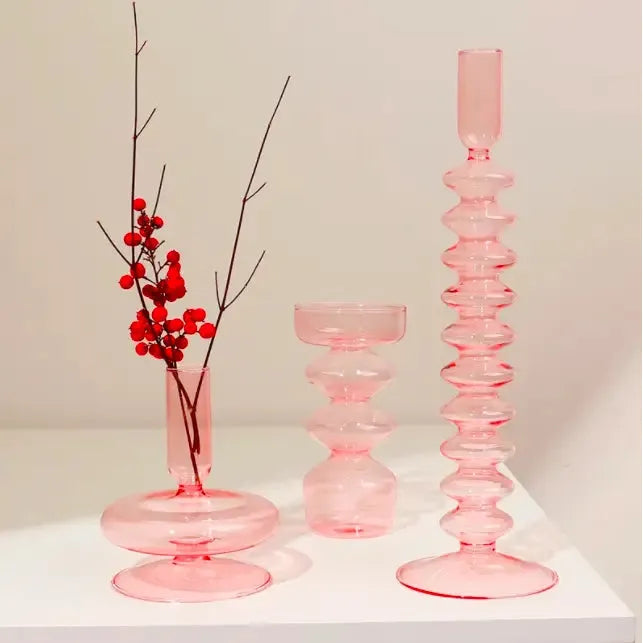 Pink Ribbed Glass Candlestick Holder