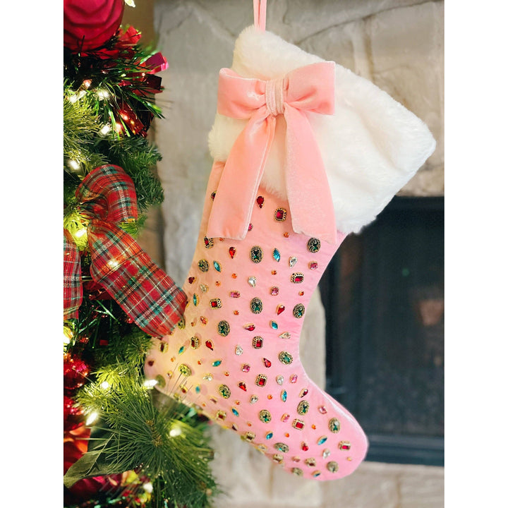 Pink Bejeweled Velvet Christmas Stocking with Bow