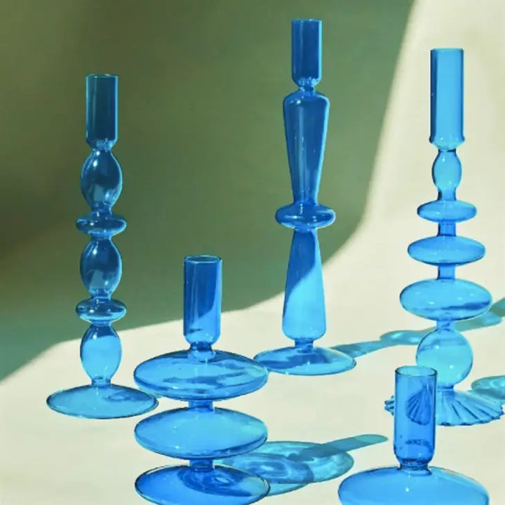 Light Blue Tall Glass Candlestick Holder