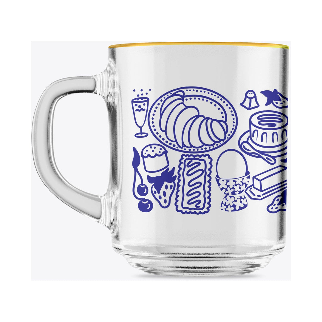 Breakfast Table Blue and Gold Clear Glass Mug