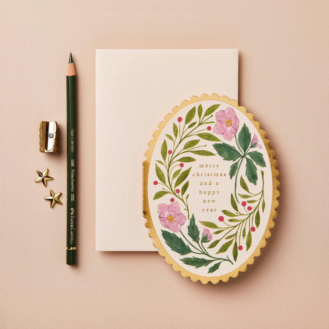 Pink Flora Merry Christmas Card