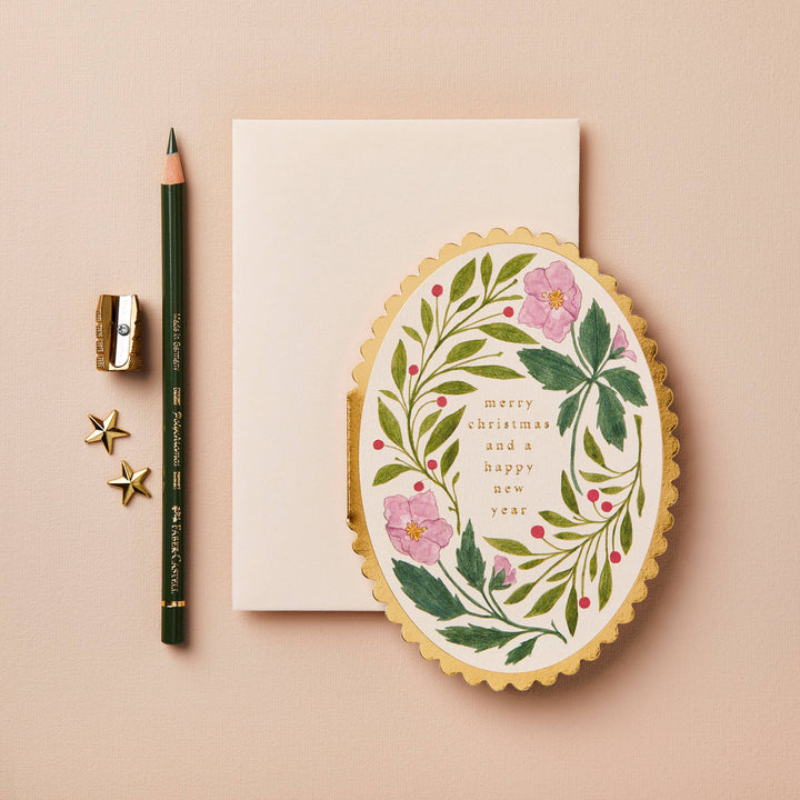Pink Flora Merry Christmas Card