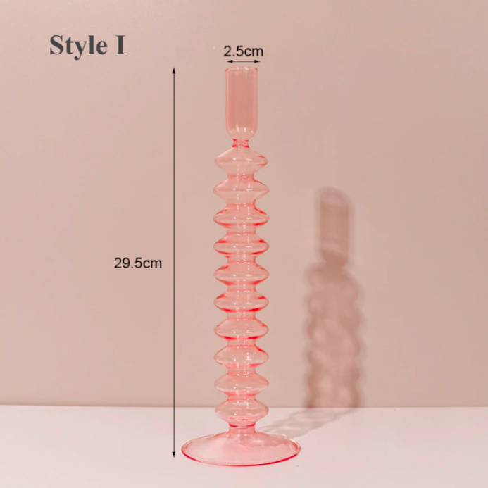 Pink Ribbed Glass Candlestick Holder