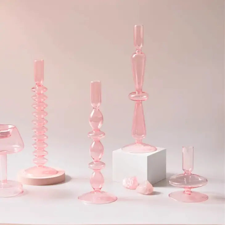 Pink Bubble Glass Candlestick Holder