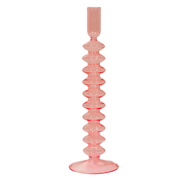 Pink Ribbed Glass Candlestick Holder