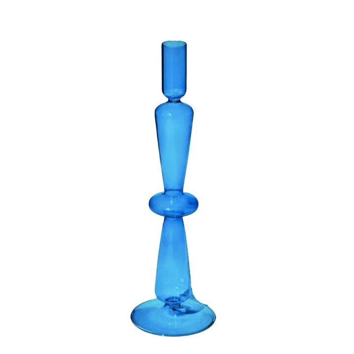 Light Blue Tall Glass Candlestick Holder