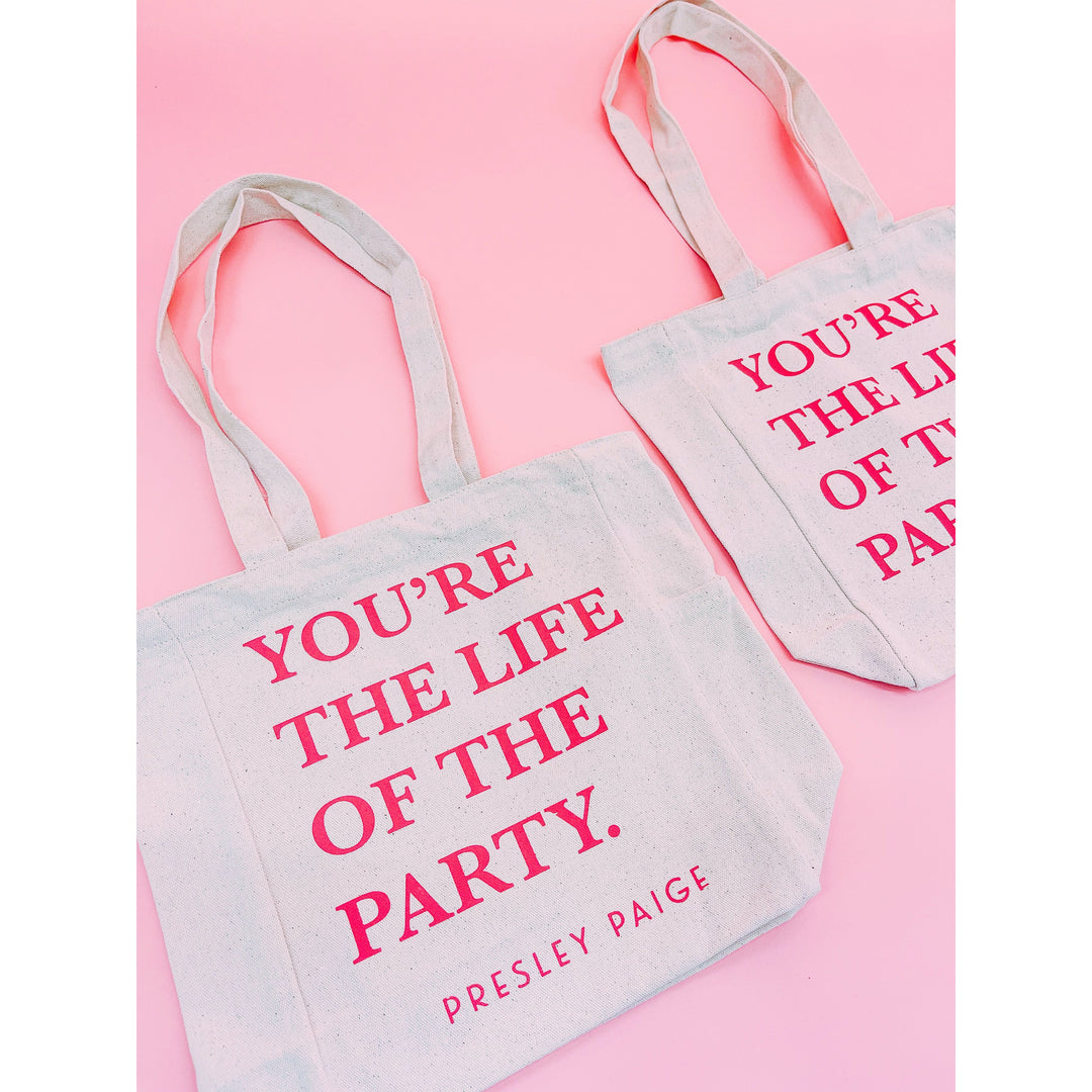 your the life of the party canvas pink tote