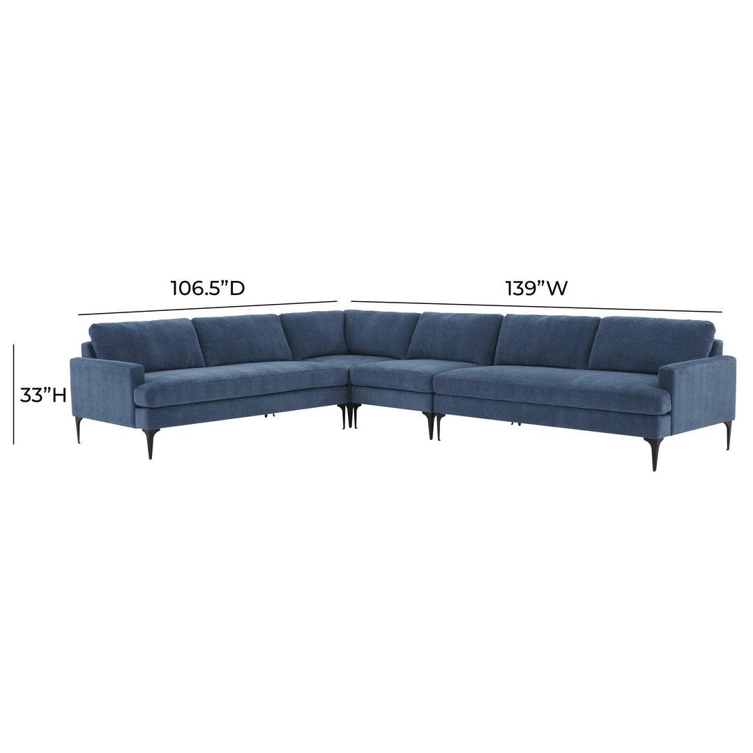 Serena Blue Velvet Large L-Sectional with Black  Legs
