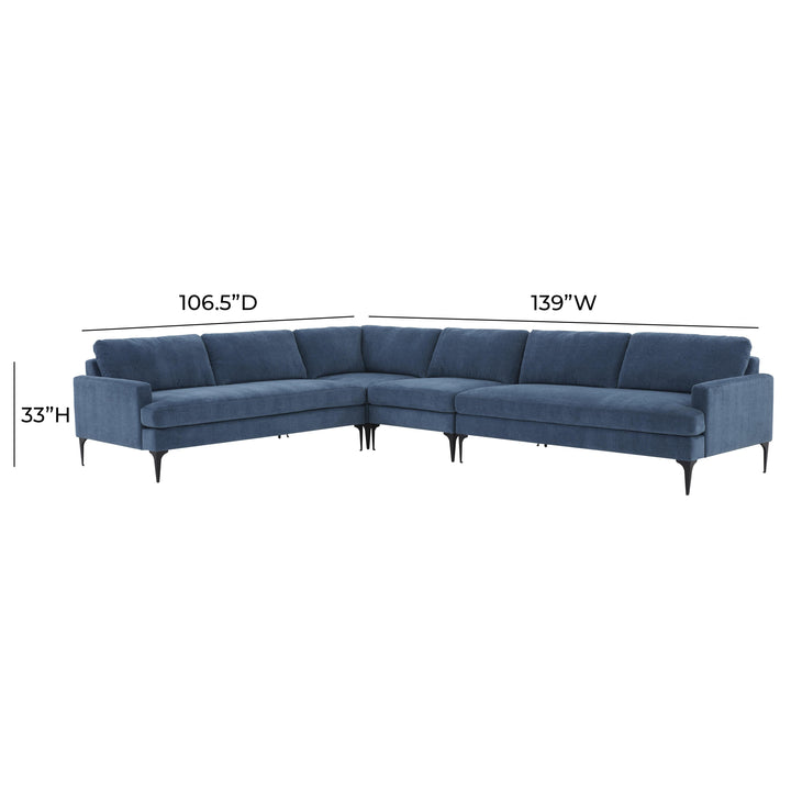 Serena Blue Velvet Large L-Sectional with Black  Legs