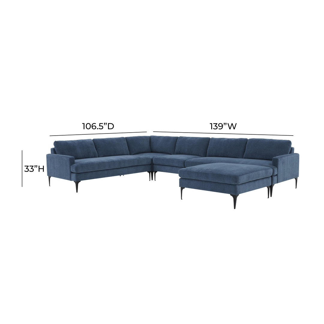 Serena Blue Velvet Large Chaise Sectional with Black Legs
