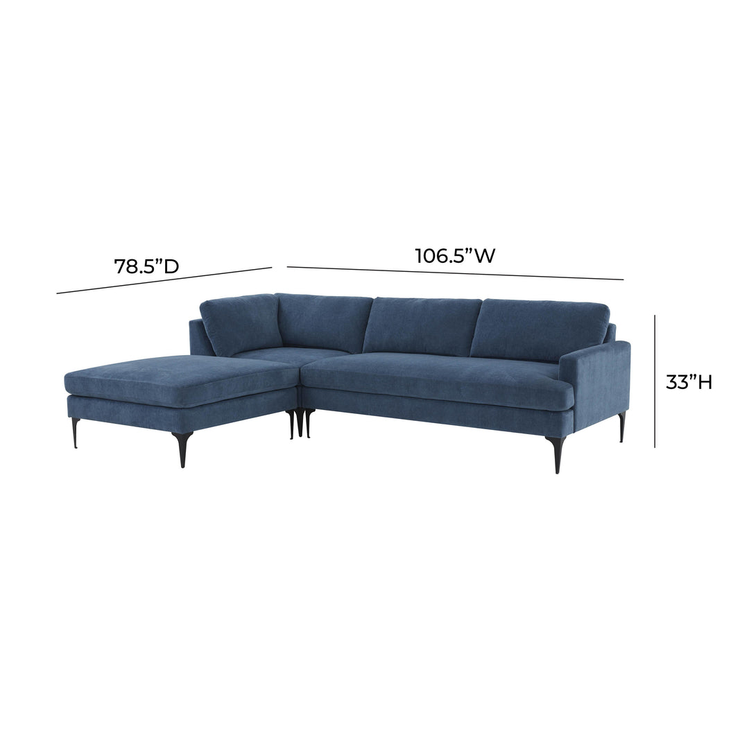 Serena Blue Velvet LAF Chaise Sectional with Black Legs
