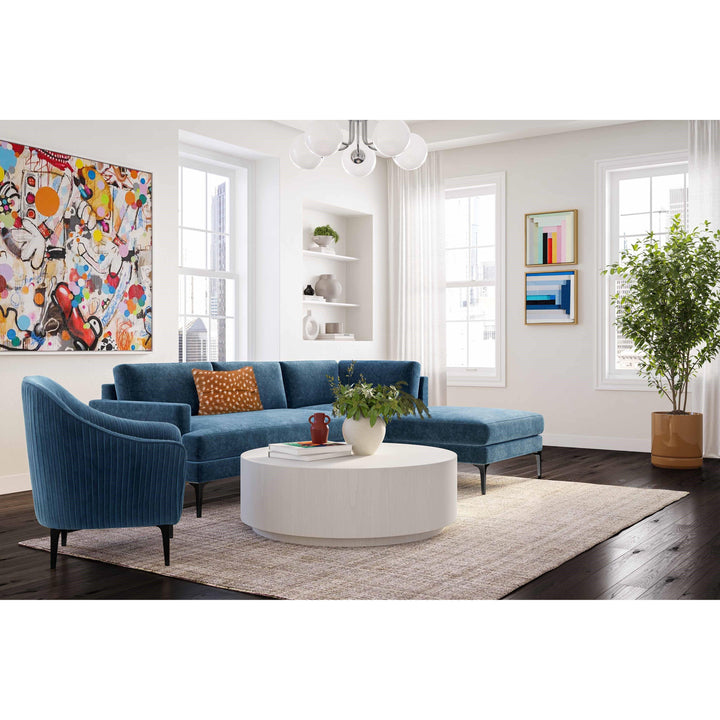 Serena Blue Velvet RAF Chaise Sectional with Black Legs