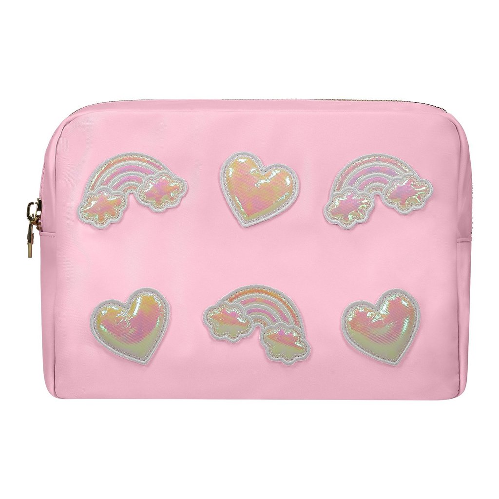 Flamingo Large Pouch with Puffy Rainbow & Heart Patches