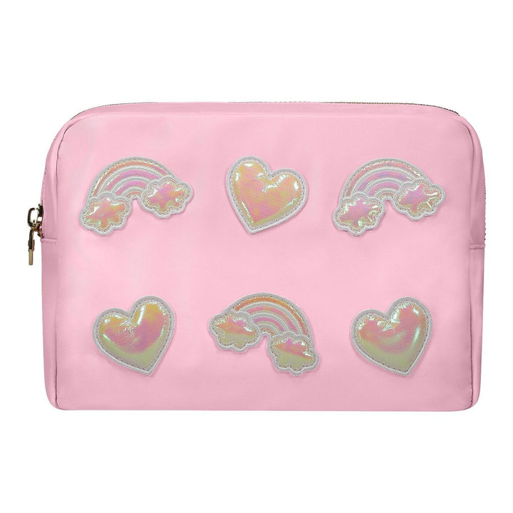 Flamingo Large Pouch with Puffy Rainbow & Heart Patches