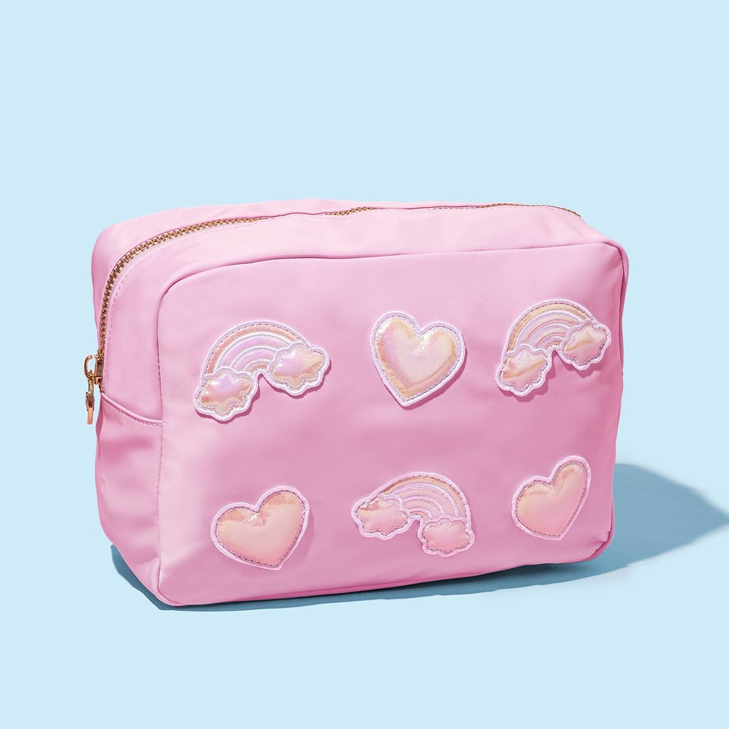 Flamingo Large Pouch with Puffy Rainbow & Heart Patches