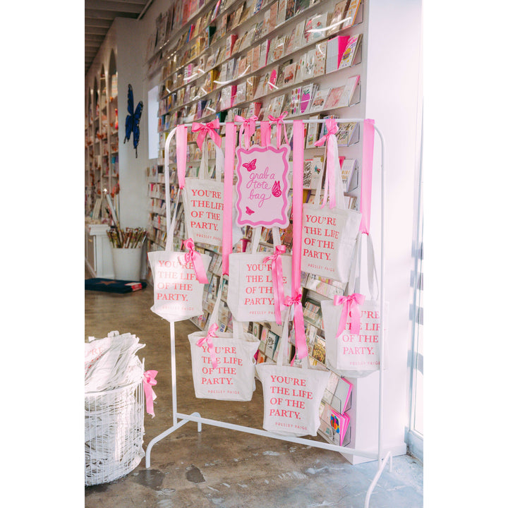pink canvas tote display your the life of the party