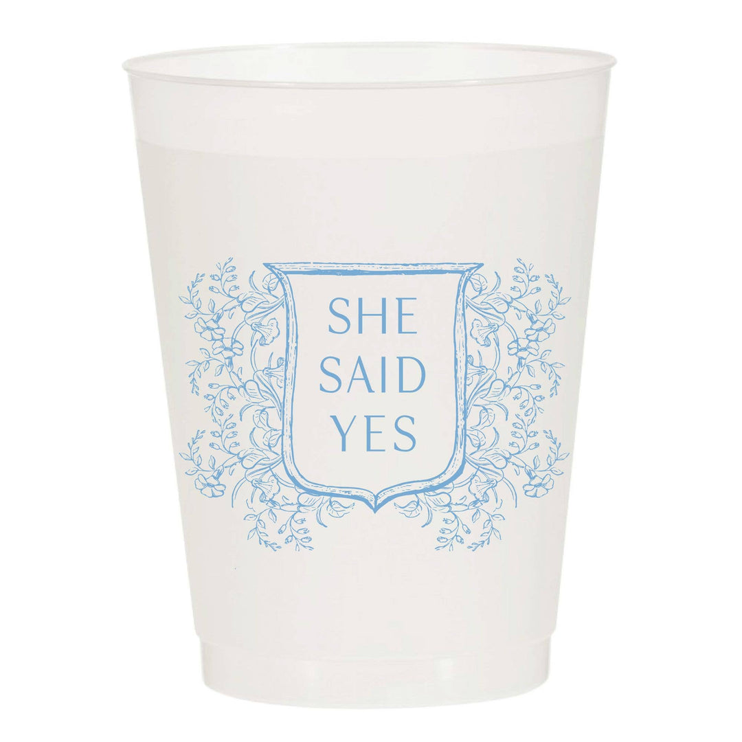 She Said Yes Blue Crest Frosted Cups